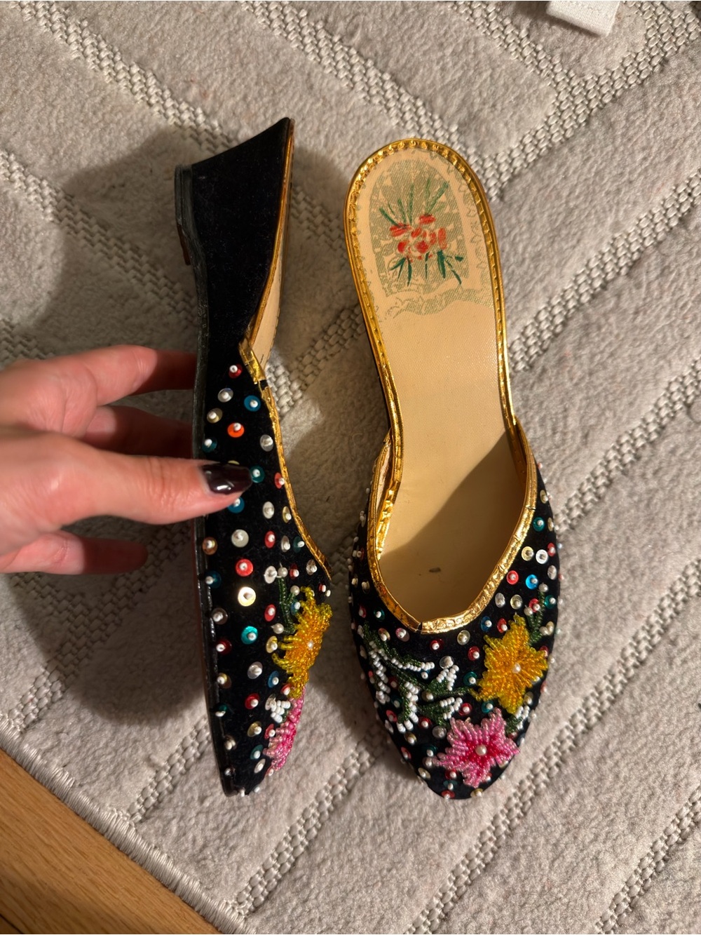 Women’s Black Hand Beaded and Velvet Floral Slip-On Mules